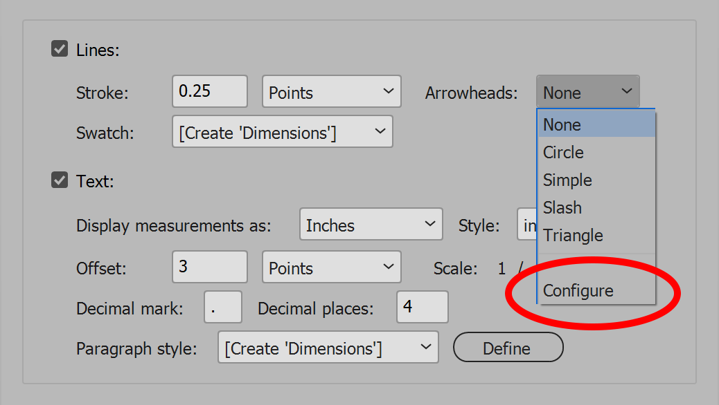 Dimensions InDesign Arrowheads drop-down list