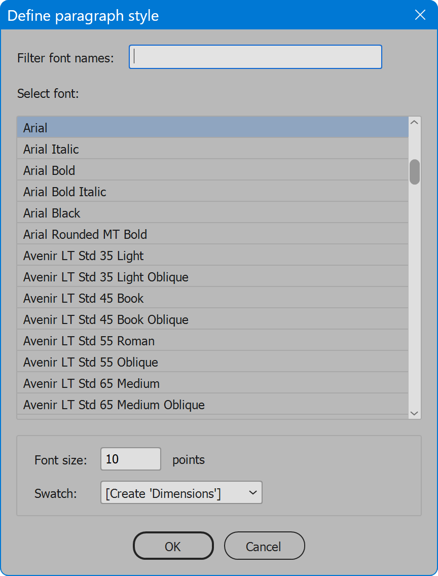 Dimensions InDesign define paragraph style